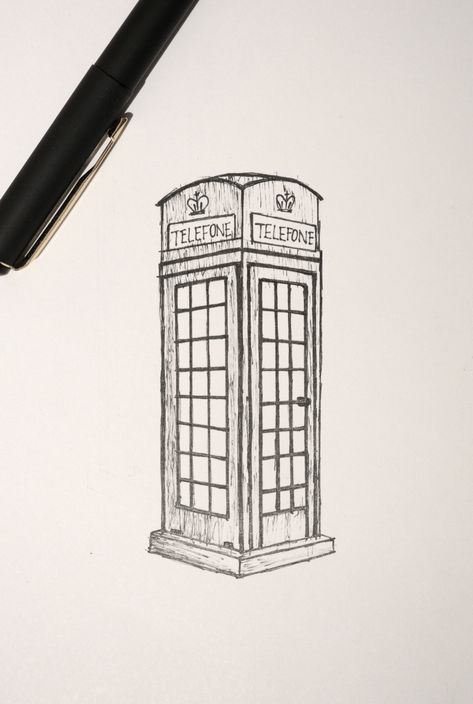 Simple Drawings Of Buildings, London Telephone Booth Drawing, Building Outline Drawing, Architecture Drawing Easy Simple, Telephone Booth Tattoo, Building Art Drawing Sketches, Telephone Box Drawing, Phone Booth Tattoo, Cute Buildings Drawing