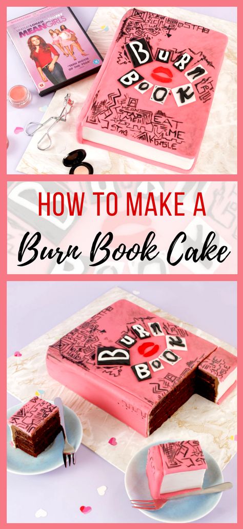 How to make a Mean Girls inspired Burn Book cake from the movie. I got an easy guide to make this awesome Devil's Food cake wrapped in fondant to make the perfect Mean Girls Party Cake Mean Girls Cupcakes, Mean Girls Cake Ideas, Burn Book Cake, Mean Girls Cake, Mean Girls Birthday Party Theme, Mean Girls Bachelorette Party, Cake Boos, Born Book, 18th Birthday Cake For Girls