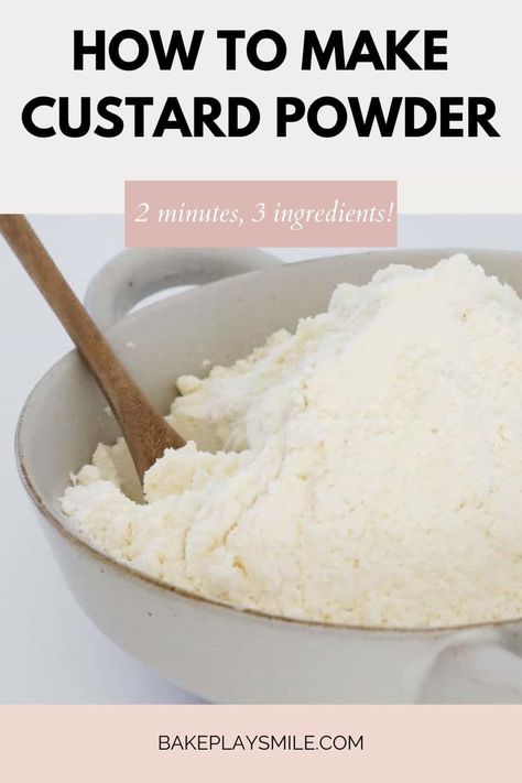 Learn how to make custard powder in just 2 minutes and using only 3 ingredients (milk powder, cornflour/corn starch and vanilla sugar) and then use it to make creamy homemade vanilla custard! How To Make Custard Powder, Homemade Vanilla Custard, Custard Powder Recipes, How To Make Custard, Homemade Custard, Homemade Pudding, Baking Hacks, Custard Pudding, Vanilla Sauce