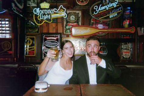 Dive Bar Wedding Photos, Engagement Photos Dive Bar, Dive Bar Photography, Dive Bar Wedding Reception, Yeehaw Wedding, Dive Bar Engagement Photos, Dive Bar Wedding, Camera Flash Photography, Diner Photoshoot