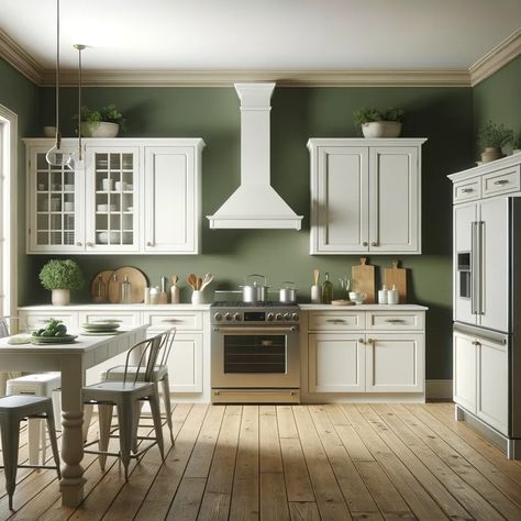 white kitchen cabinets with olive green walls White Cabinets With Green Walls, Green Wall Kitchen White Cabinets, Sage Kitchen Walls White Cabinets, Green Cabinets White Walls, White Kitchen Green Walls, Small Kitchen Colors For Walls, White Cabinets Green Walls, Green And White Kitchens, Green Walls White Cabinets