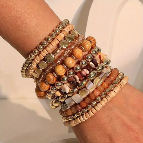 Boho Beach Bracelets Set Natural Wooden Beads Resin - Temu Beaded Bracelets Neutral, Boho Hippie Accessories, Boho Stretch Bracelets, Earthy Bracelets Aesthetic, Hippie Boho Jewelry, Wooden Beaded Jewelry, Beaded Elastic Bracelets, Boho Hippie Jewelry, Beach Beaded Jewelry