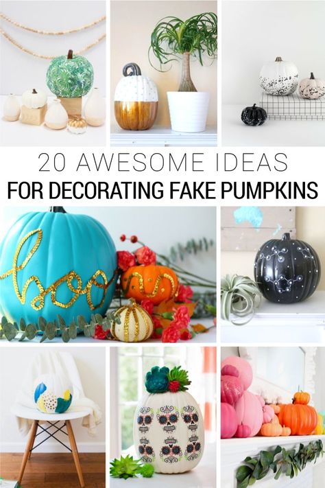 20 DIY Fake Pumpkin Decorating Ideas for Halloween and Fall / Artificial pumpkins last for years instead of getting thrown away after a few weeks. Check out these fun ideas, including paint splatter, color block, collage, rainbow painted pumpkin mantel, sequins, constellations, and more! Fake Pumpkin Decorating, Fake Pumpkin Decorating Ideas, Decorating Ideas For Halloween, Collage Rainbow, Decorating Halloween, Pumpkin Decorating Ideas, Halloween Costumes Diy Couples, Fake Pumpkins, Halloween And Fall