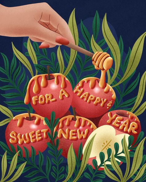 An illustration of a hand pouring honey onto apples, and the honey spells out "for a happy and sweet new year" Rosh Hashanah Aesthetic, Jewish New Year Greetings, Rosh Hashana Greetings, Jewish New Year Greeting, Jewish Pomegranate Art, Jewish Illustration, Happy Hanukkah Cards, Honey Illustration, Jewish New Year Rosh Hashanah Cards