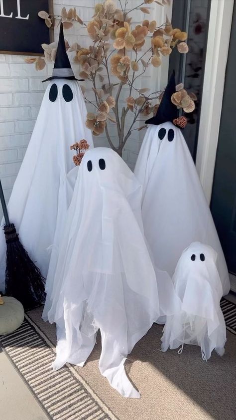 Diy Ghosts For Trees, Diy Ghost Decoration Front Yards, Ghost Party Decorations, Cute Ghost Outdoor Decor, Dancing Ghosts In Yard Diy, Pottery Barn Ghost Diy, Diy Halloween Porch, Ocala Florida, Ghost Party