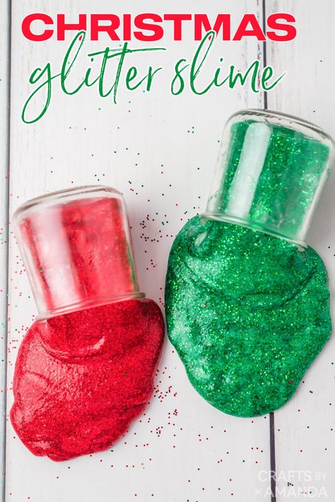 Get in the Christmas spirit with this glittery Christmas slime! Package them into containers making a fun stocking stuffer for kids. Slime Package, Christmas Slime, Cool Slime Recipes, Christmas Sunday School, Grinch Christmas Party, Diy Stocking Stuffers, Slime For Kids, Christmas Crafts For Kids To Make, Glitter Slime