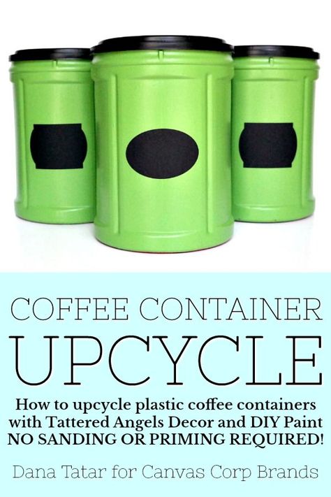 Dana Tatar shares how easy it is to upcycle plastic coffee containers with Tattered Angels Decor and DIY Paint. #TheyCallMeTatarSalad #CanvasCorpBrands #TatteredAngels #SimpleStorage #CoffeContainerIdeas #ThriftStoreCrafts #DollareStoreCrafts #PlasticCoffeeContainers How To Paint Plastic Containers, Plastic Coffee Container Ideas, Donut Container, Folgers Coffee Container Crafts, Folgers Coffee Container, Plastic Coffee Cans, Plastic Coffee Containers, Angels Decor, How To Paint Plastic