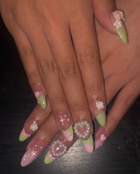 Pink and green nails🌸🌱 Dm @jazirahrose to book since Dm isn’t working • • • #greennails #pinknails #fairynails #floralnails #rosynails #yyc #stampede #flowernails #nailsartist Rosy Nails, Floral Nails, Flower Nails, Green Nails, Pink Nails, Pink And Green, Nails, Green, Pink