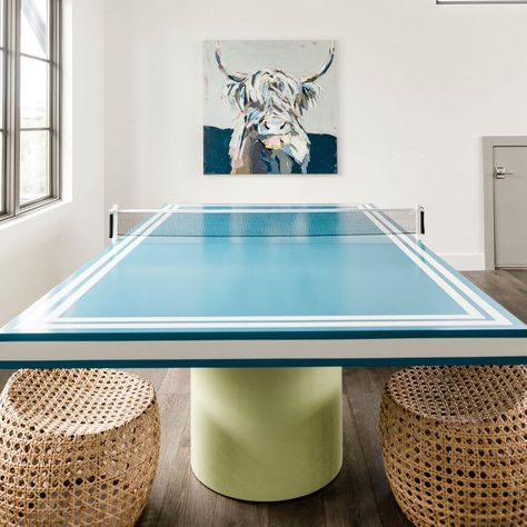 Finish shown: High Gloss Paint - Custom Colors Top : SW – Turkish Tile / 2 Bases : SW Melange Green / Stripes SW - Snowbound The Jenny Ping Pong Table is truly a one-of-a-kind ping pong table perfect for game night or pulling up stools for an additional playroom table. We love incorporating four stools underneath this table for extra seating and layering the space. Custom net included. (Stools, paddles, and balls not included.) The Jenny Ping Pong Table is available only in high gloss paint. Playroom Table, Turkish Tile, High Gloss Paint, Custom Top, Paint Colors Benjamin Moore, Benjamin Moore Paint, Pong Table, Gloss Paint, Living Table