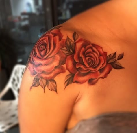 this placement though! Rose Shoulder Tattoos For Women Unique, Roses On Shoulder Tattoo, Roses Tattoos, Cute Thigh Tattoos, Half Sleeve Tattoos Forearm, Rose Shoulder Tattoo, Small Shoulder Tattoos, Rose Tattoos For Women, Remembrance Tattoos