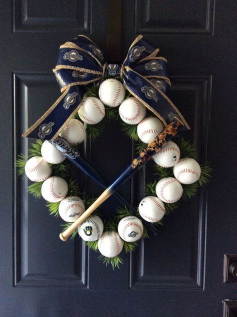 Baseball Wreath, Baseball Wreaths, Baseball Family, Baseball Christmas, Christmas Tree Ribbon, Baseball Crafts, Sports Wreaths, Baseball Decor, Baseball Stuff