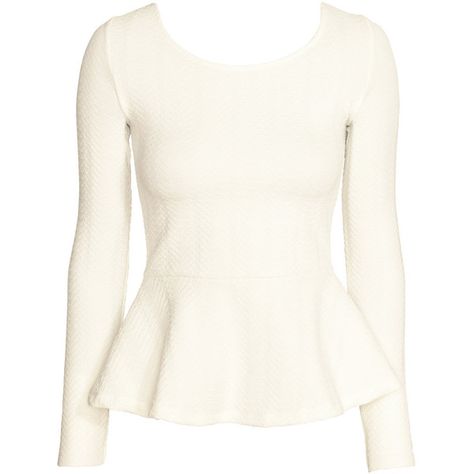 H&M Textured peplum top (£15) ❤ liked on Polyvore featuring tops, white, white long sleeve top, long sleeve tops, white top, peplum tops and h&m tops White Peplum Top, Long Sleeve Jersey Shirt, Long Sleeve Peplum Top, White Peplum Tops, Lit Outfits, Peplum Tops, White Peplum, Textured Top, H&m Shirts