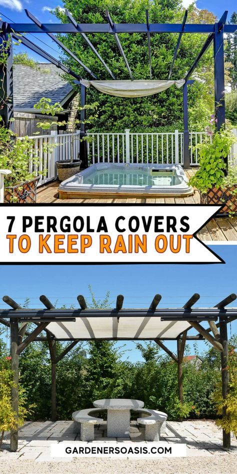 These DIY waterproof pergola cover ideas will help provide shade and protect your patio or deck from the rain. Perfect for outdoor entertaining in your backyard. Pergola With Fabric Roof, Diy Pergola Covers Waterproof, Sail Patio Cover Canopies, Pergola Covers Waterproof, Backyard Rain Cover, Diy Retractable Pergola Canopy, Pergola Rain Cover Ideas, Waterproof Pergola Ideas, Pergola Rain Cover