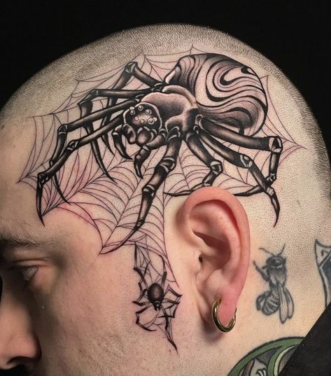 Spider Head Tattoo, Head Tattoo, Spider Tattoo, Tattoo Cover, Head Tattoos, Face Tattoo, Tattoo Inspo, Neck Tattoo, Head And Neck