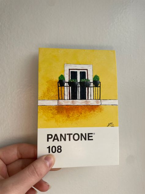 Painting on a Pantone postcard 108, of a yellow wall with a window with a French balcony and flowers Pantone Card Art, Pantone Postcard Painting, Pantone Drawing, Pantone Painting, Pantone Postcard Art, Pantone Challenge, Pantone Cards, Yellow Pantone, Postcard Art