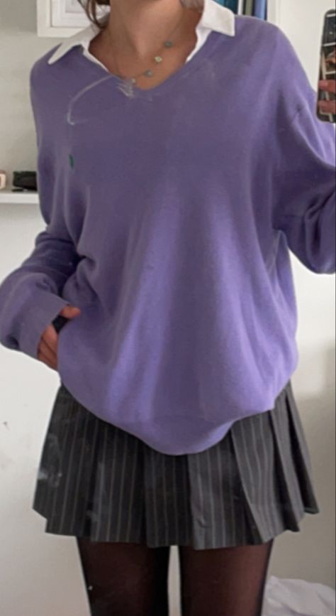 Grey Sixth Form Outfits, Colourful Sixth Form Outfits, Scool Outfit Girl, Pinstripe Skirt Outfit Y2k, Smart Skirt Outfit, Purple Autumn Outfit, Smart School Outfits Sixth Form, Sixth Form Uniform, Purple Sweater Outfit Aesthetic