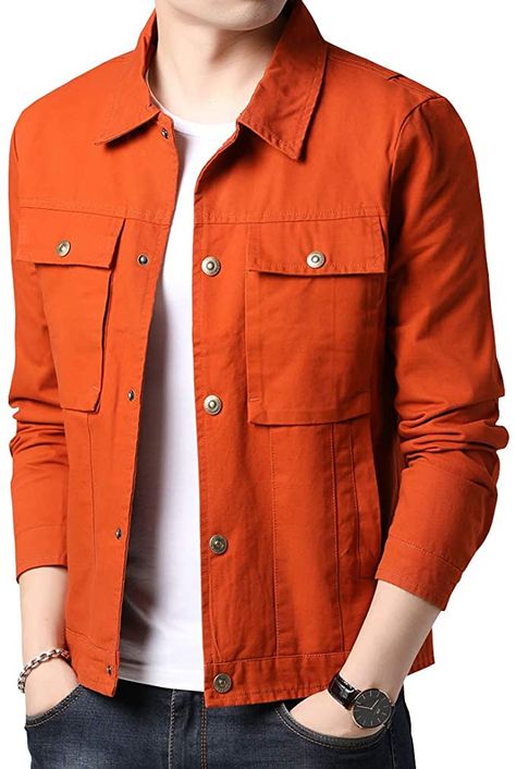 Womleys Mens Casual Windbreaker Cotton Lightweight Jackets Trucker Jacket (Large, Orange) at Amazon Men’s Clothing store Orange Men Outfit, Orange Outfit Men, Orange Jacket Outfit, Orange Clothes, Jacket Ideas, Orange Outfit, Orange Jacket, Cargo Jacket, Trucker Jacket