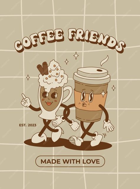 Premium Vector | Retro poster with cute cartoon characters of coffee takeaway and pastries donut chocolate chip cookie ice cream and cupcake desserts food and drink in retro groovy style Retro Illustration Coffee, Retro Food Ideas, Cute Food Characters, Retro Cartoon Poster, Retro Coffee Poster, Donut Poster Design, Coffee Cartoons, Retro Cookies, Cookies Poster