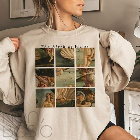 Gildan 18000 **If you are S get M or L for loose-oversized look. If you are L get XL or 2XL. If your size is not in stock please reach out so we can double check for you. **Apparel/design colors may vary across devices. Ideal for any situation, a unisex heavy blend crewneck sweatshirt is pure comfort. These garments are made from polyester and cotton. This combination helps designs come out looking fresh and beautiful. The collar is ribbed knit, so it retains its shape even after washing. There Graphic Sweatshirt Aesthetic, Oversized Sweatshirt Aesthetic, Minimal Shirt Design, Aesthetic Sweaters, Birth Of Venus, Sweatshirt Aesthetic, Sandro Botticelli, Diy Clothes Design, Versatile Outfits