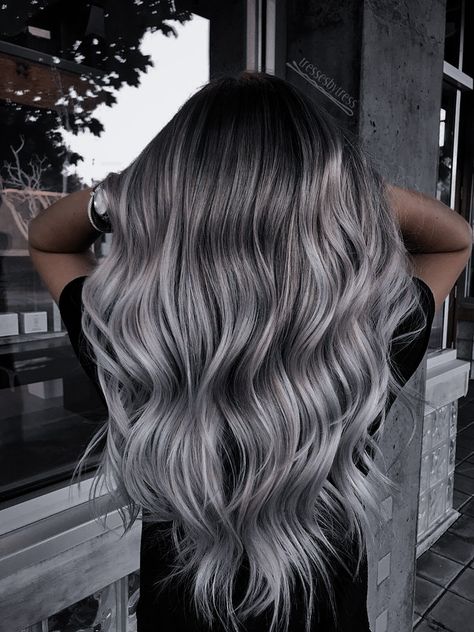 Smokey Blue Balayage, Smokey Grey Balayage, Smokey Silver Grey Hair, Silver Hair With Black Roots, Auburn And Silver Hair, Piano Hair Color, Dusty Grey Hair, Grey Black Hair Color, Grey Bayalage Hair Long