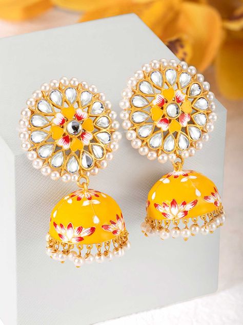 Traditional Jewellery, Yellow Earrings, Yellow And Pink, Jhumka Earrings, Traditional Jewelry, Art Works, Blush Pink, Silver Jewelry, Drop Earrings