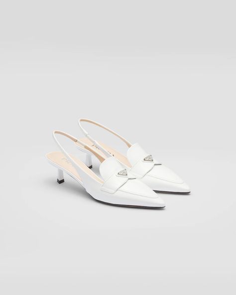 White Patent Leather Slingbacks | PRADA Mango Heels, Prada Heels, Ivory Pumps, Luxury Heels, Metal Lettering, Heart Shoes, Heart Clothes, Melissa Shoes, Lettering Logo