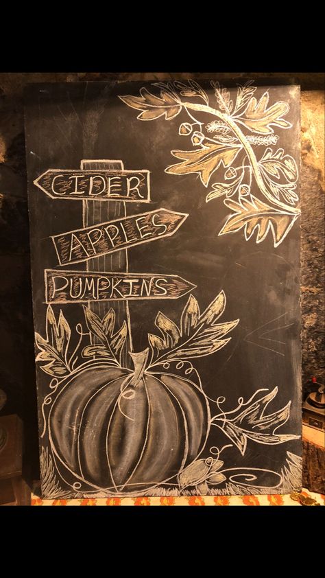 Fall Apple Chalkboard Art, Pumpkin Chalk Art, Fall Window Drawing Ideas, Happy Fall Chalkboard Art, Chalk Fall Drawings, Autumn Chalk Art, Fall Chalkboard Art Ideas, November Chalk Art, Thanksgiving Chalkboard Art Easy