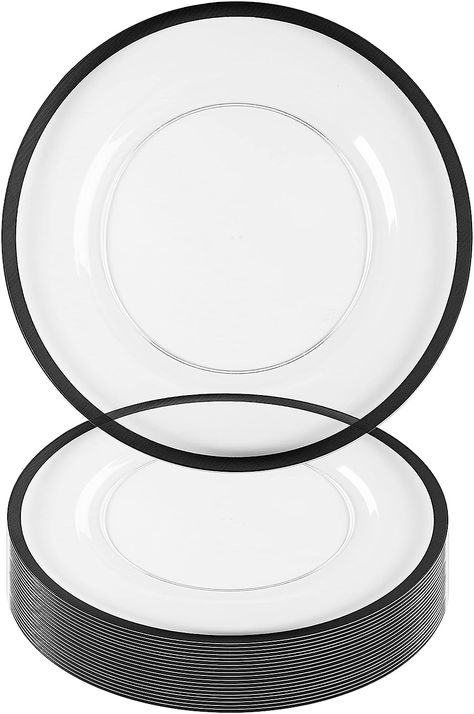 Amazon.com | PARTY BARGAINS 13-Inch Charger Plates - 16 Pack, Clear Black Rim, Heavy-Duty Disposable Chargers for Elegant Dining - Ideal for Weddings and Formal Events: Charger Plates Black Charger Plates, White Charger Plates, Black Plastic Plates, Table Chargers, Black Charger, Clear Plates, White Charger, White Dishes, Disposable Plates