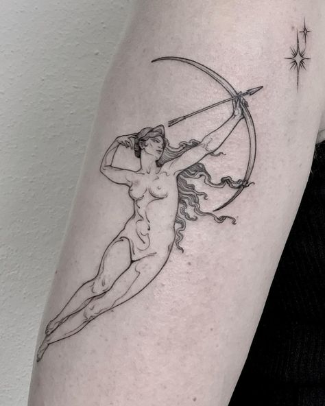 Ｔｏｍａ • ｌａｎｇｕｉｄ　ａｒｔ • on Instagram: “• the ARCHER • 🌙✨ •⠀ ⠀ ________________ Supported by @maketattooua, @dr.gritz_tattoo ________________ Done at @thechamberberlin…” Artemis Bow And Arrow Tattoo, Angel With Bow And Arrow Tattoo, Artemis Drawing Greek Mythology, Sagitarrius Tattoo Women, Archery Tattoo Women, Libra Rising Tattoo, Random Patchwork Tattoo, Archer Tattoo Design, Centaur Tattoo Sagittarius