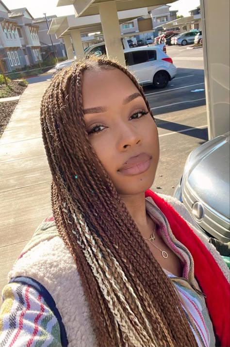 2 Color Box Braids Black Women, Peekaboo Box Braids Brown And Blonde, Honey Blond Knotless Box Braids, Ginger Box Braids With Blonde, Hidden Color Box Braids, Different Shades Of Brown Box Braids, T30 Box Braids, Copper And Blonde Box Braids, Natural Looking Box Braids