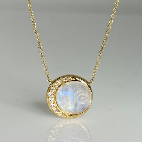 Rainbow Moonstone & Diamond Moon Face Necklace - Moondance Jewelry Gallery Jewelry Gallery, Mom Ring, Face Necklace, Moon Face, Crescent Shape, Moonstone Jewelry, Yellow Gold Chain, Moon Pendant, Rainbow Moonstone