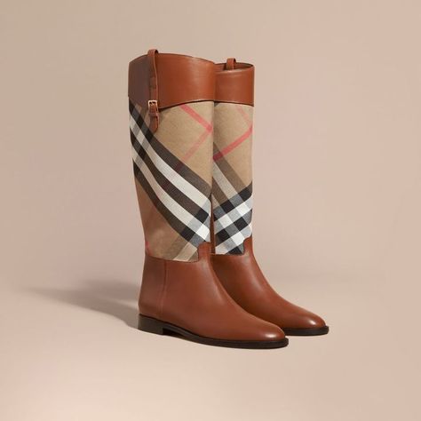 Burberry House Check and Leather Riding Boots Burberry Boots, Strap Boots, Genuine Leather Boots, Equestrian Outfits, Leather Riding Boots, Boots Leather, Rubber Boots, Biker Boots, Studded Leather