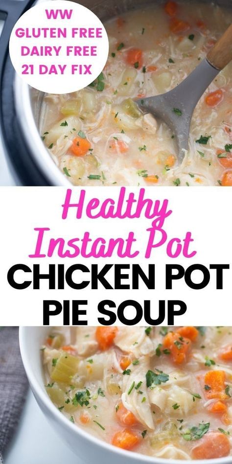 If you're looking for a guilt free comfort dish that's full of flavor, look no further than this recipe for Chicken Pot Pie Soup! It has everything you love about a pot pie in a delicious, easy to make soup. The ingredients are simple, healthy, and so tasty. I can't get enough of it! 21 Day Fix Chicken Pot Pie Soup, 21 Day Fix Chicken Pot Pie, Healthy Chicken Pot Pie Soup, Instant Pot Chicken Pot Pie, Instant Pot Healthy, Healthy Chicken Pot Pie, Healthy Instant Pot, Pot Recipes Healthy, Chicken Pot Pie Soup