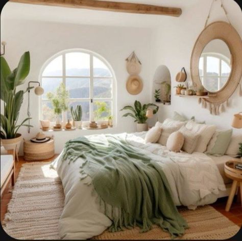 Whimsical Home Interior, Mediterranean Bedroom Ideas, Dream Condo, Cottagecore Bedroom, Fur Rugs, Romantic Ambiance, Sage Green Bedroom, Wicker Bedroom, Decor Ideas Bedroom