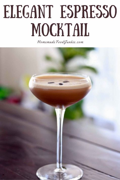 Elegant espresso mocktail-pin image Cold Brew Mocktail, Mocktail Espresso Martini, Espresso Martini Mocktail Recipe, Coffee Mocktail Recipe, Esspresso Martini, Cold Espresso, Mock Cocktails, Easy Mocktail Recipes, Desert Drinks