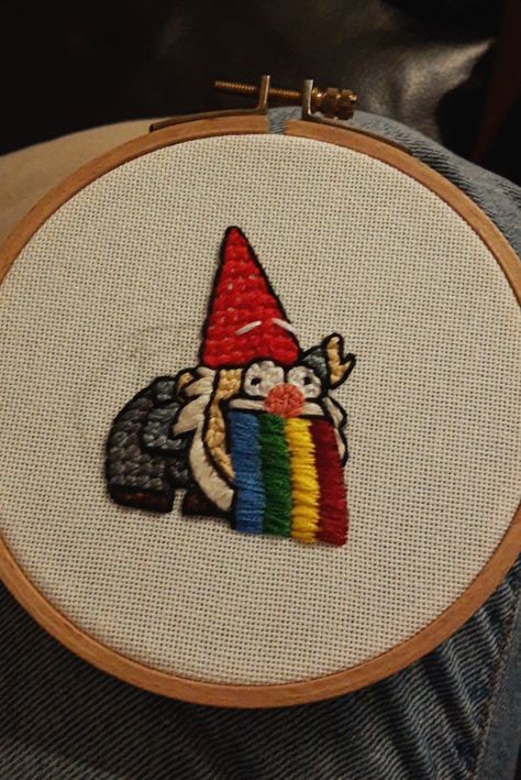 Rainbow puking gnome from gravity falls embroidery Gravity Falls Embroidery, Steven Universe Embroidery, Undertale Embroidery, Fnaf Embroidery, Gravity Falls Cross Stitch, Over The Garden Wall Embroidery, Gravity Falls Crochet, Weird Diy, Clothes Embroidery Diy