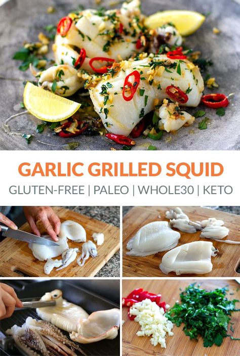 Grilled Calamari, Grilled Squid, Calamari Recipes, Squid Recipes, Leafy Green Salads, Olive Oil Garlic, Garlic Shrimp, Seafood Dinner, Recipes Keto