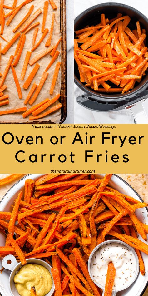 Made in your oven or air fryer, these Carrot Fries are crisp on the outside and tender on the inside. This easy and fun side dish is done cooking in about 20 minutes! Air Fry Carrot Fries, Carrot Fries Air Fryer, Oven Carrot Fries, Cinnamon Carrot Fries, Garlic Parmesan Carrot Fries, Carrot Fries, Veggie Fries, Healthy Sides, Fries In The Oven