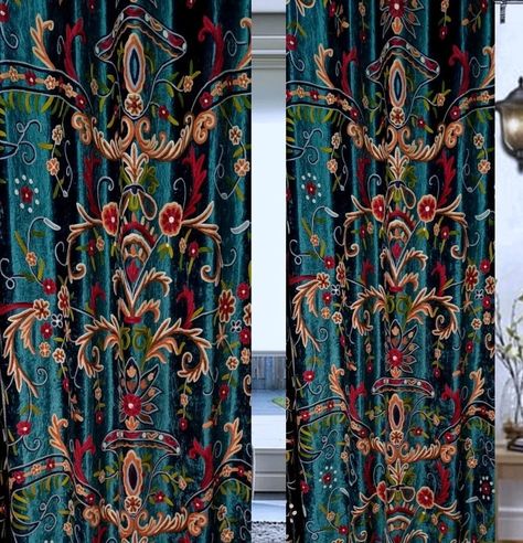 Buy One Get One-beautiful Vintage Teal Green Crewel Embroidery Curtain With Lining-luxury Curtain for Living Room-kashmir Handmade Crewel - Etsy Measuring Chart, Crewel Embroidery Patterns, Photography Settings, Curtain Headings, Wedding Embroidery, Luxury Curtains, Luxury Duvet Covers, Lined Curtains, Sofa Upholstery