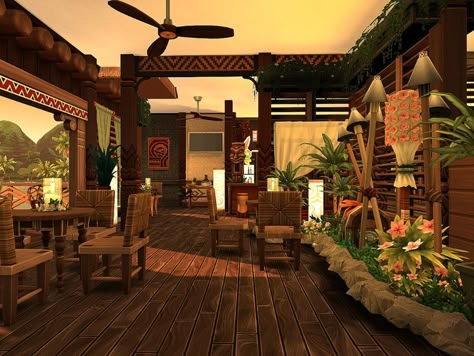 Tropical Cafe Bloxburg, Bloxburg Tiki Bar, Summer Resort Bloxburg, Bloxburg Tropical Resort, Bloxburg Resort Ideas, Bloxburg Tropical House, Tropical Bloxburg House, Bloxburg Treehouse, Tropical Bloxburg