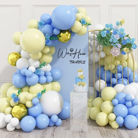 PRICES MAY VARY. ❣️【Elegant Design】 Our blue yellow balloon arch kit are designed to add a touch of elegance to your event! The balloon arch includes 10inch: 25 x white, 20 x maca blue, 20 x maca yellow, 3 x 4D gold foil balloons; 5inch: 10 x white, 10 x maca blue, 5 x maca yellow; 18inch: 1 x white, 1 x maca blue, 1 x maca yellow; 1x balloon strip, 1x dispensing, 1x ribbon. ❣️【Quality Guarantee】 Our blue yellow white balloon arch are made of high-quality materials, ensuring long-lasting bright Italy Party Theme, Yellow Balloon Arch, Shiny Balloons, Gold Foil Balloons, Balloon Arch Kit, Bridal Shower Balloons, Sunshine Baby Showers, Yellow Balloons, Sprinkle Baby Shower