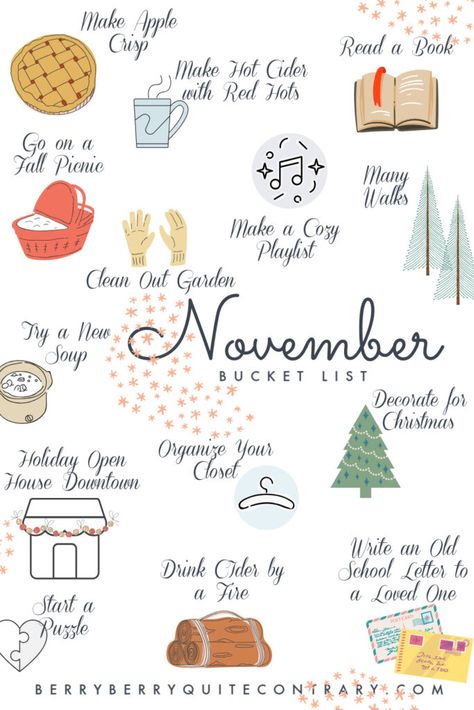 November Bucket List - Berry Berry Quite Contrary September Bucket List, November Bucket List, December Bucket List, Fall Picnic, Berry Berry, Red Hots, Hot Cider, Christmas Organization, Christmas Puzzle