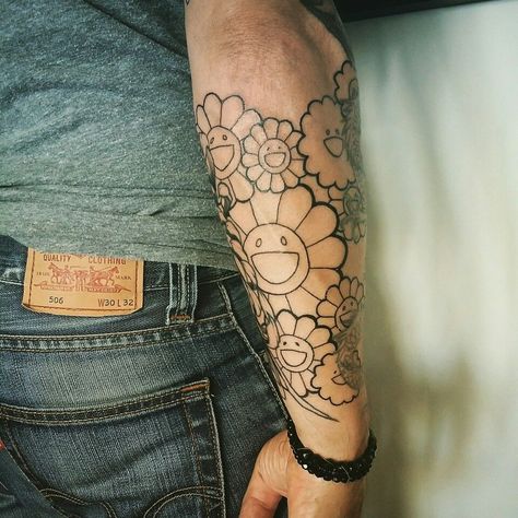 Takashi murakami tattoo Murakami Tattoo Ideas, Takashi Murakami Tattoo, Murakami Tattoo, Under Eye Tattoo, F Tattoo, Murakami Flower, Tattoo Inspiration Men, Forearm Sleeve Tattoos, Flash Tattoo Designs