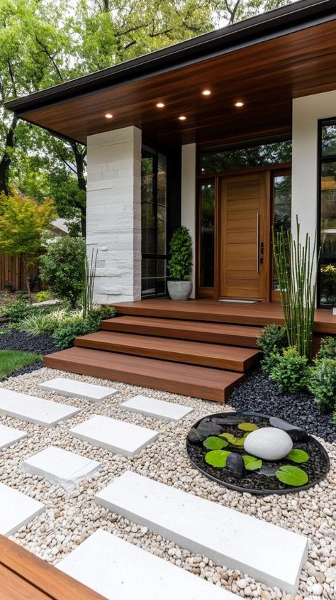 Outdoor Stairs To House Entrance, Uncovered Front Porch, Extending Front Porch, 1950 House, Front Extension, Small Water Features, Bamboo Decor, House Design Exterior, Front Landscaping