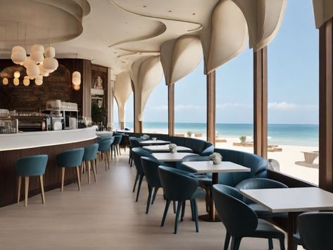 Create a quant elegant coffee shop that has seating fo 0 Ocean Theme Restaurant, Elegant Coffee Shop, Ocean Coffee Shop, Coffee Shop Beach, Beach Town Coffee Shop, Restaurant With Sea View, Coffee Shop, Cafe, Coffee