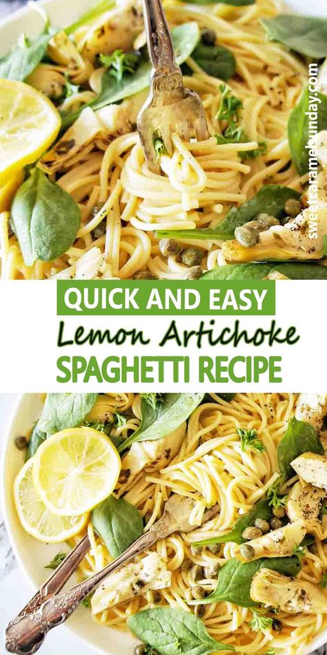 Lemon Artichoke Spaghetti recipe is perfect any night of the week. This simple recipe uses everyday ingredients for a meatless dish that is light and tasty! #easyrecipe #spaghettirecipes @sweetcaramelsunday Artichoke Spaghetti, Lemon Recipes Easy, Aussie Recipes, Easy Pasta Recipe, Lemon Spaghetti, Fruit Ideas, Artichoke Pasta, Rosé Wine, Artichoke Recipes