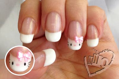 Simple Gyaru Nails, Kawaii French Tip Nails, Nail Inspo Sanrio, Sanrio Nails Simple, Hello Kitty Nails Simple, Simple Hello Kitty Nails, Hello Kitty French Tip Nails, Simple But Cute Nails, Gel Nails Cute