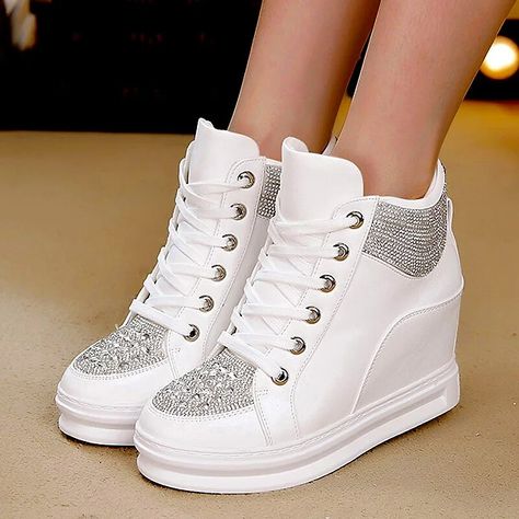 Category:Boots,Sneakers; Upper Materials:PU; Embellishment:Sparkling Glitter; Season:Fall,Winter; Heel Type:Platform,Wedge Heel; Gender:Women's; Toe Shape:Round Toe; Type:Booties Ankle Boots; Style:Comfort,Casual,Sporty; Heel Height(inch):2-3; Outsole Materials:Rubber; Occasion:Daily; Closure Type:Lace-up; Pattern:Solid Color; Listing Date:10/30/2023; 2024 Trends:Plus Size,Height Increasing Shoes,Sparkling Shoes,White Shoes,Bling Bling; Foot Length:null; Foot Width:null Boot Bling, Sparkle Shoes, Top Sneakers Women, Platform Wedge Heels, Bling Shoes, Winter Ankle Boots, Lace Up Wedges, Shoes Heels Wedges, Roller Skate