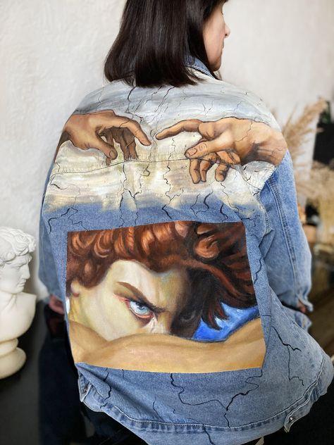 Adam Michelangelo, Hand Painted Clothes, Denim Painting, Sell Your Soul, Custom Jeans Diy, Money Men, Painted Clothes Diy, The Creation Of Adam, Custom Denim Jacket