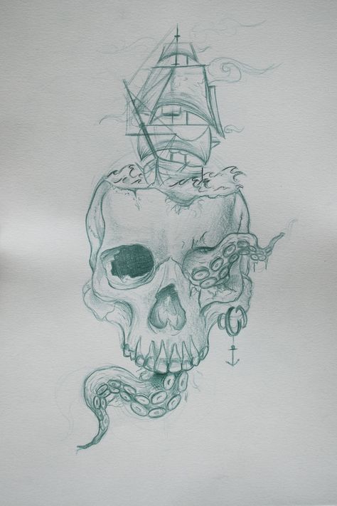 Kraken, ship and skull design #design #skulltattoo #shiptattoo #kraken #draw #realism | Aug 9th 2018 | 643826 Kraken Ship Drawing, Kraken And Ship Drawing, Kraken Drawing Easy, The Kraken Drawing, Ghost Ship Drawing, Creative Skull Drawing, Tenticals Drawing Reference, Sinking Ship Drawing, Ship Wreck Drawing